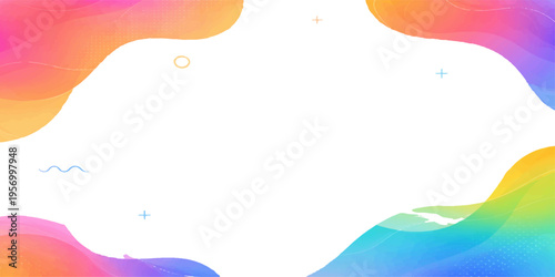 Colorful abstract watercolor background with a rainbow swirl pattern and floral vector frame for a spring celebration banner design