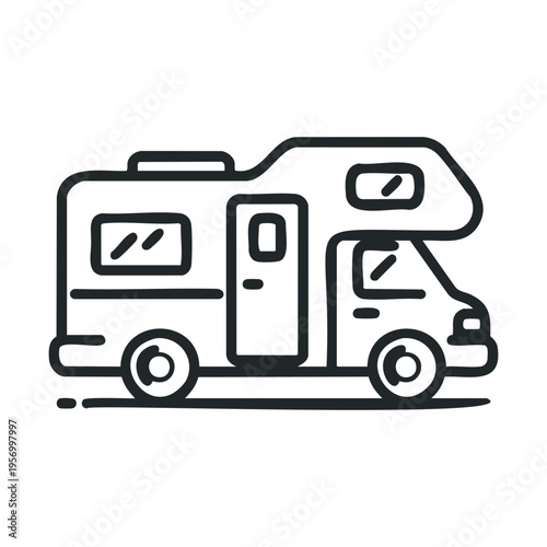 Hand-drawn recreational vehicle icon representing travel and adventure, perfect for illustrating road trips, camping, and outdoor exploration with a simple, doodle style.
