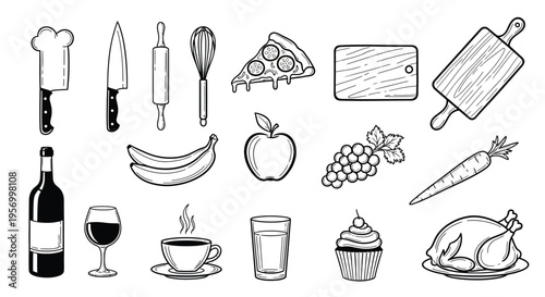 Culinary tools and foods arranged in a decorative black silhouette