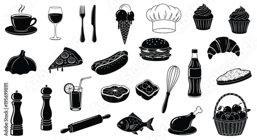 A collection of food and drink items presented in black outline silhouette
