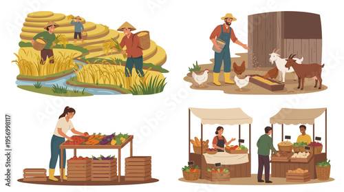 Agriculture Workers Harvest Farm Animals Feeding and Local Market Illustration