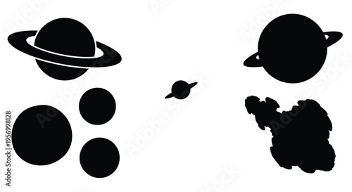 Planets moons and asteroids depicted in a stark black silhouette