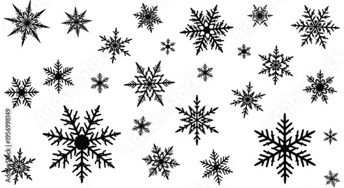 Intricate collection of black snowflake shapes against a white background silhouette