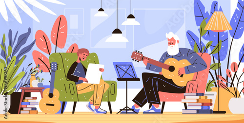 Active seniors guitar lesson music learning living room scene with elderly man playing guitar and young boy reading sheet plants books cozy home