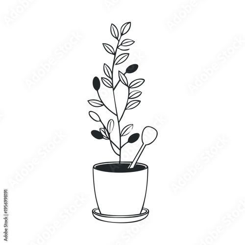 Small potted plant illustration with a spoon in the soil, featuring delicate leaves and berries, depicted in a minimalist black and white line art style.