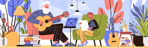 Active senior man playing guitar music lesson cozy living room with plants books lamp student listening colorful modern home