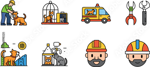 Animal Care and Veterinary Service Icon Set with Grooming Shelter Transport Rescue Tools and Pet Treatment Elements Vector Illustration Isolated on White Background