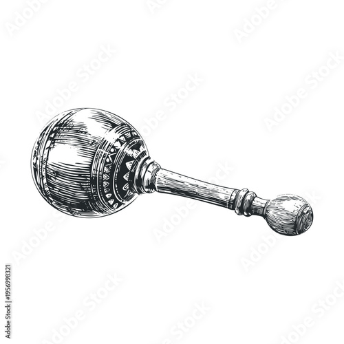 Traditional wooden maraca musical instrument, hand-drawn with intricate details in a vintage engraving style, perfect for cultural and music-themed designs.