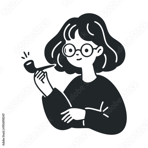Smiling woman with glasses holding a smoking pipe, portrayed in a charming and simple black and white cartoon illustration style, suggesting thoughtfulness or a relaxed moment.