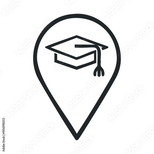 Graduation cap location pin icon symbolizing academic achievement, higher education, and school campus mapping for navigation and learning.