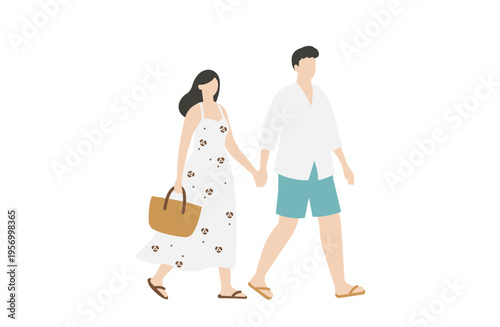手をつないで歩く爽やかな夏のカップルのシンプルなイラスト素材