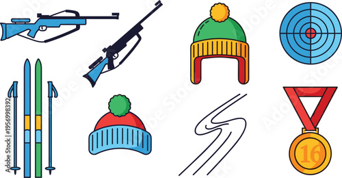 Biathlon Winter Sport Icon Set with Rifle Skis Target Medal and Athlete Equipment Collection Vector Illustration Isolated on White Background