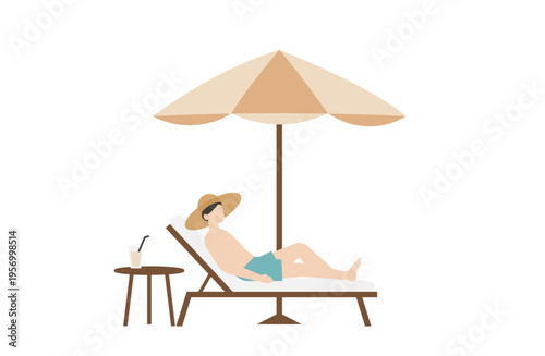 パラソルの下のビーチベッドでくつろぐ男性のシンプルなイラスト素材
