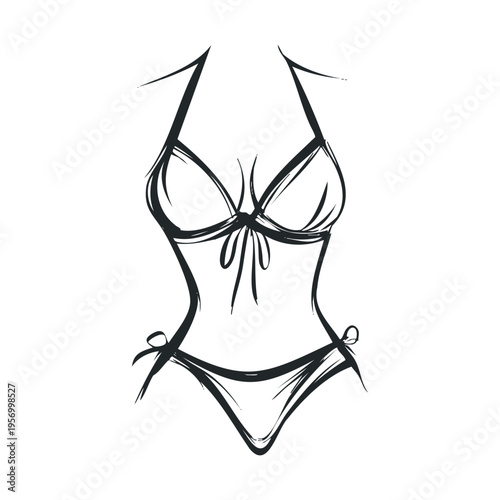 Stylized bikini swimsuit sketch of a female body with a halter top and tie-side bottoms, rendered in a minimalist black and white line art style.