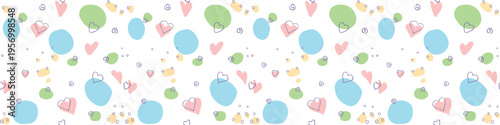 Vector Seamless abstract pattern of colorful elements hearts points spots stains. Hand drawn doodle background, texture for textile, wrapping paper, cover, Valentine's day