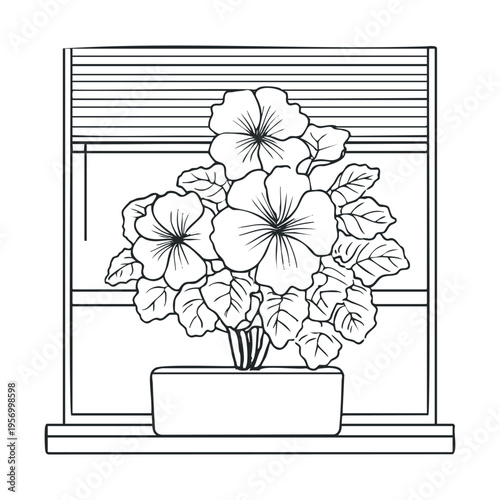 Potted flowering plant on a windowsill with closed blinds, presented as a black and white outline illustration for coloring or design projects.