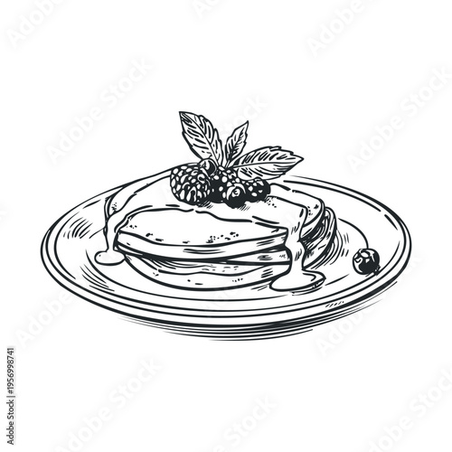 Pancakes with berries and syrup on a plate, a delicious hand-drawn breakfast or dessert illustration perfect for menus and recipe designs.