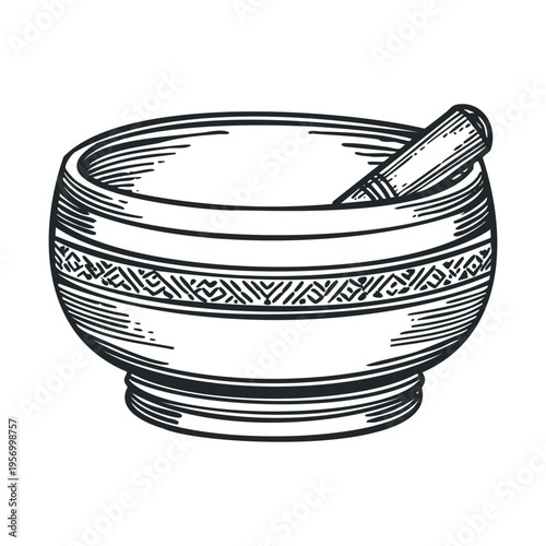 Mortar and pestle, an antique kitchen tool used for grinding and crushing various ingredients, depicted in a vintage engraved style.