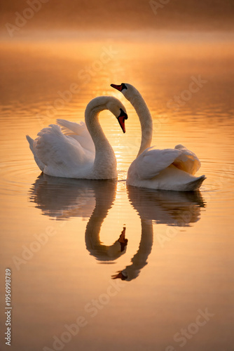 Romantic Swans Forming Heart Shape at Golden Sunset with Reflection