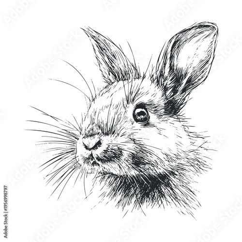 Rabbit head illustration with detailed fur and whiskers, captured in a charming hand-drawn sketch style, showcasing its expressive features.