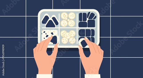 Top-down view of hands assembling a traditional Japanese Bento box with onigiri and side dishes in a minimalist flat illustration style.