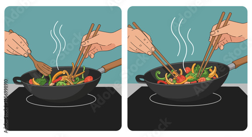 Hands Stir-Frying Fresh Vegetables in Wok Pan on Induction Stove Illustration
