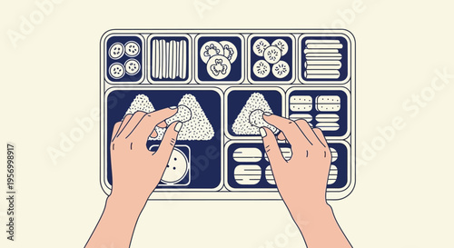 Top View Illustration of Hands Preparing Traditional Japanese Bento Box with Onigiri and Vegetables