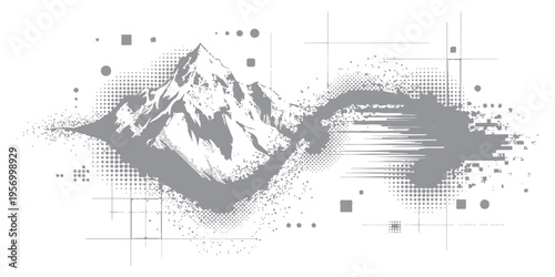 Abstract mountain peak landscape with halftone dots and geometric line elements vector illustration 