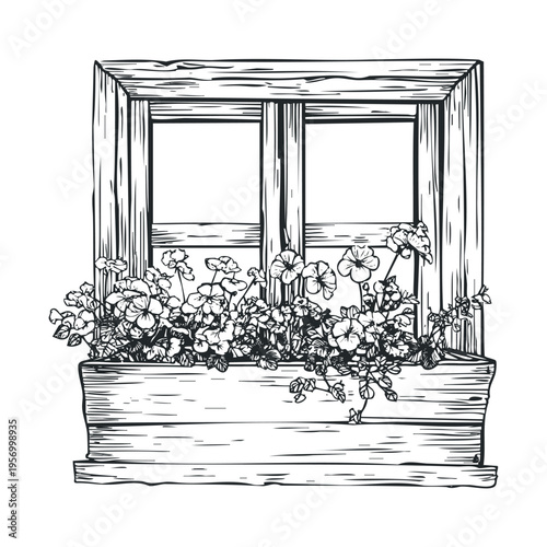 Rustic window with flower box filled with blooming flowers, a charming hand-drawn illustration depicting a classic architectural element with vibrant floral decor.