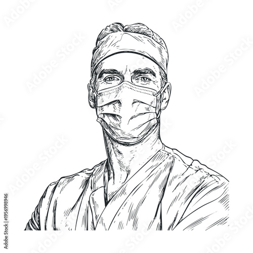 Medical professional wearing protective face mask and surgical cap, depicted in a detailed hand-drawn sketch style, representing healthcare and safety.