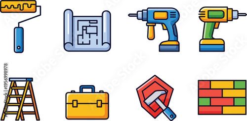 Home Repair and DIY Tools Icon Set with Drill Ladder Paint Roller Toolbox Hammer Blueprint and Construction Elements Vector Illustration Isolated on White Background
