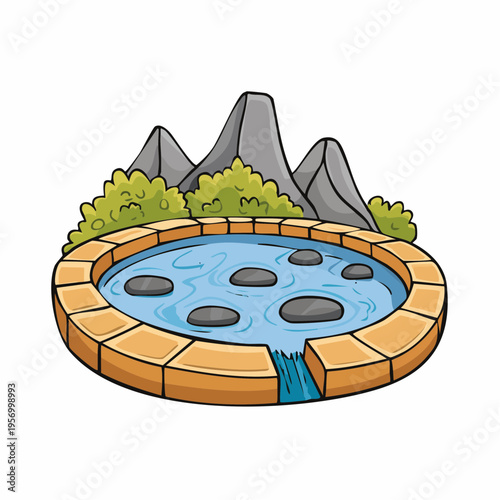 Cartoon hot spring with rocks and mountains in the background.