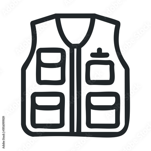 Utility vest icon with multiple pockets and a front zipper, rendered in a simple outline style, perfect for various design applications.