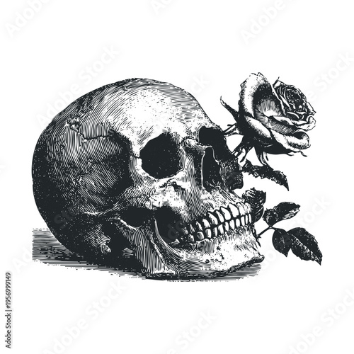 Human skull with a beautiful rose intertwined, depicted in a classic vintage engraving style, representing the profound cycle of life, death, and enduring beauty.