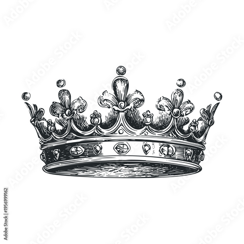Royal crown illustration in vintage style, featuring intricate ornate details and a majestic design, symbolizing power, authority, and monarchy.