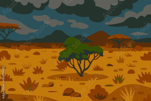 beautiful savanna with scattered trees under dark sky nature view landscape background flat color vector illustration template design