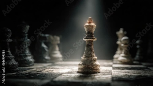 Strategic King: In a dramatic composition, the king chess piece stands at the center of the chessboard. Illuminated by a focused light, emphasizing power, strategy, and the pivotal role of leadership.