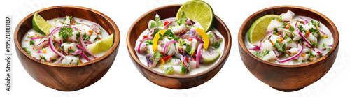 Kokoda seafood ceviche with lime and coconut milk served in wooden bowl isolated on white background, concept of Fijian cuisine