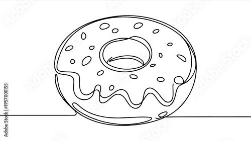 A line drawing of a glazed donut with sprinkles on a flat surface