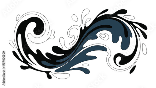 Abstract swirling wave design element with black and blue fluid shapes and lines on white background