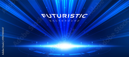 Blue futuristic technology background with glowing light rays and digital sci fi stage.
Abstract dark blue vector tech banner with energy beam and radial lines.