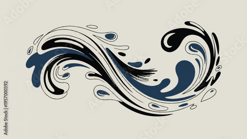 Abstract swirling wave design with black blue and white colors on beige background