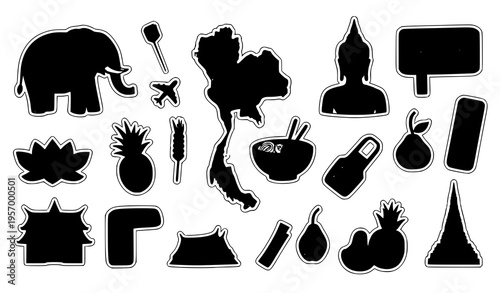 Thailand travel doodle sticker set with elephant Buddha lotus and Thai food vector collection isolated on white