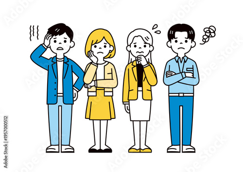 困る・悩む・考えるポーズの、若い会社員・男性と女性の全身ベクターイラスト素材セット