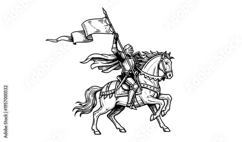 Heroic medieval knight rearing horse with flag vintage engraving style vector illustration isolated on white