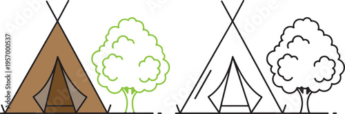Brown tent and green tree set camping nature outdoor