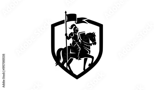 Medieval knight on horseback emblem with flag vintage badge vector illustration warrior logo isolated on white