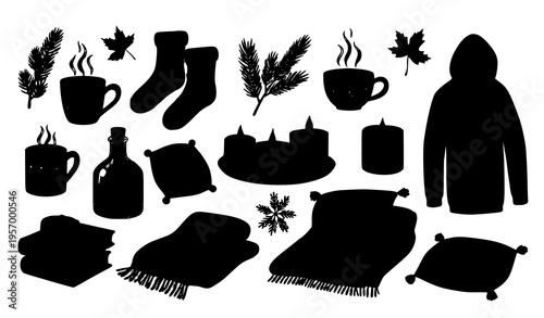 Hygge hand drawn vector set cozy Scandinavian doodle elements for winter and autumn lifestyle isolated on white