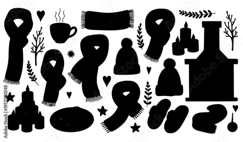 Scandinavian Hygge lifestyle vector set hand drawn cozy doodle elements for winter and autumn isolated illustration