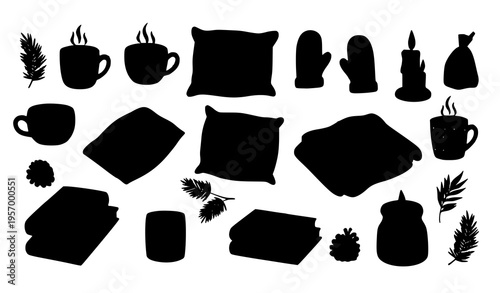 Hand drawn Hygge vector illustration set cozy Scandinavian winter autumn doodle elements isolated on white